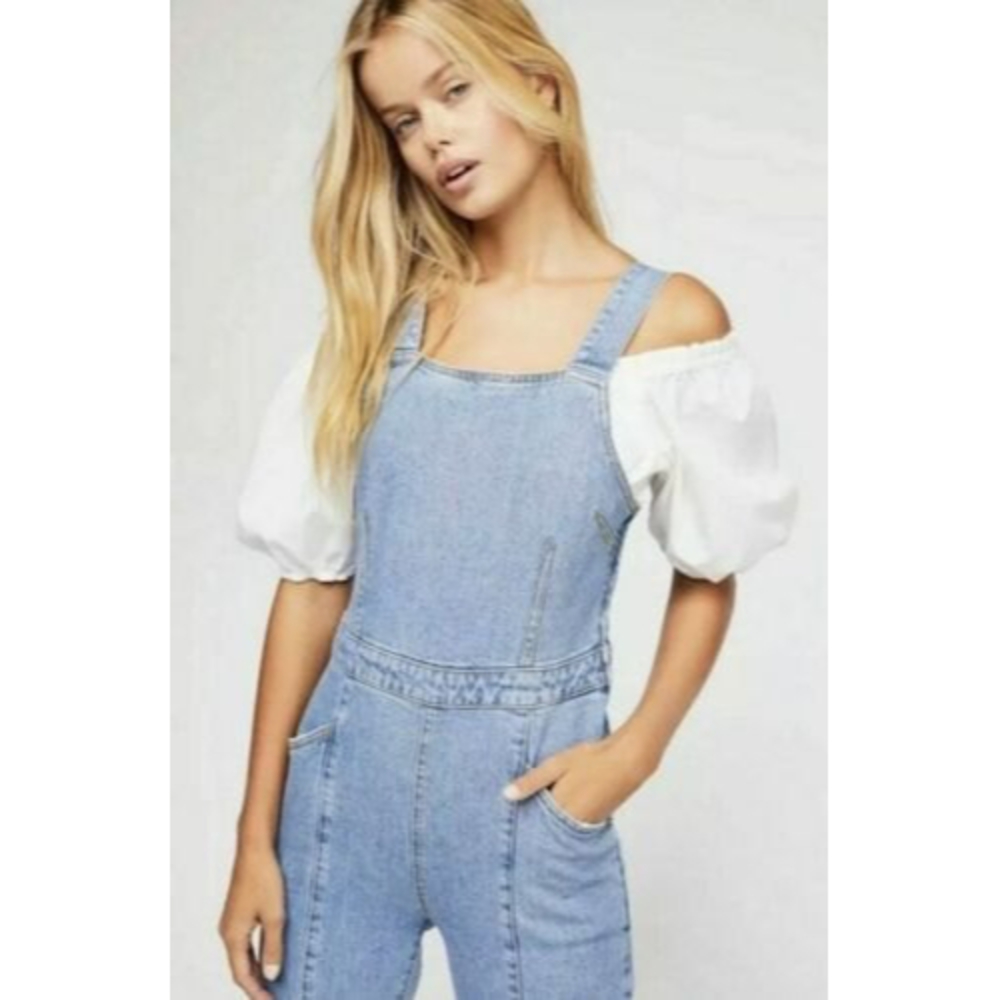 Free People We The Free Aurora Denim One-Piece Denim Overalls Jumpsuit Size 8